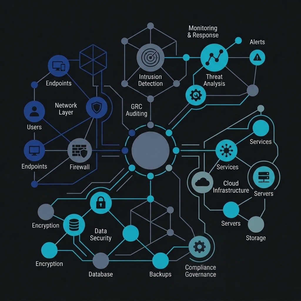 Sleek flat vector diagram representing network nodes, endpoints, intrusion detection, database and security compliance